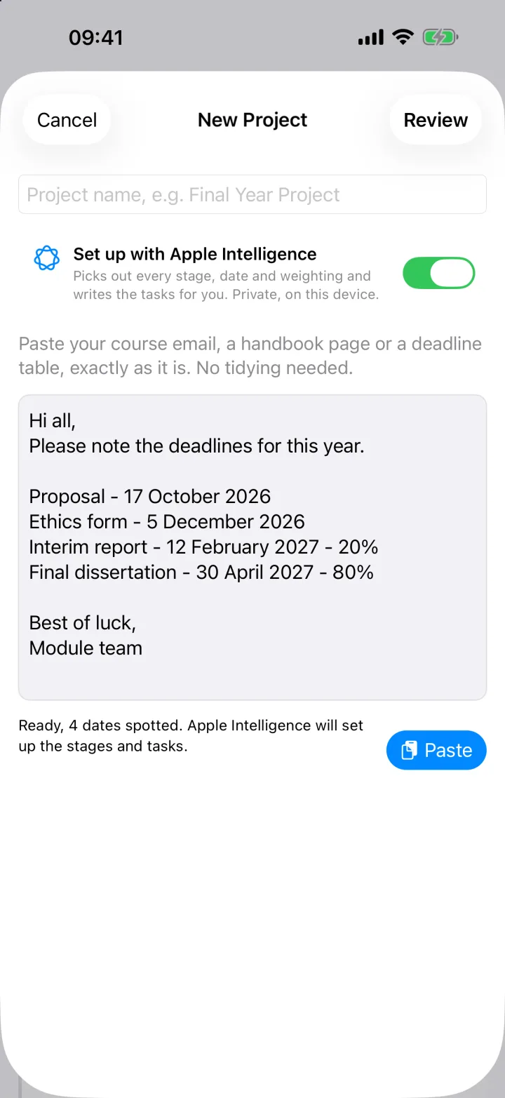 New project on iPhone: a pasted deadlines email, with Set up with Apple Intelligence switched on