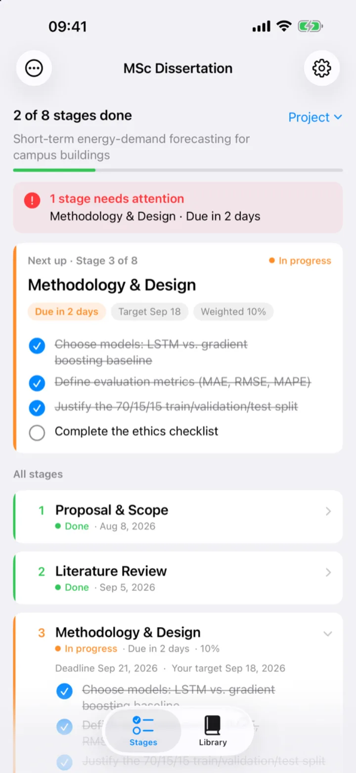 Project Tracker on iPhone: progress, an urgent banner and the next-up stage with its checklist
