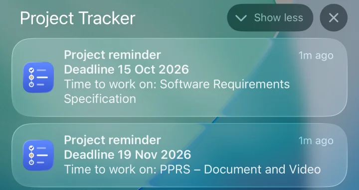 Two Project Tracker reminders on the lock screen, each naming the next deadline and the stage to work on