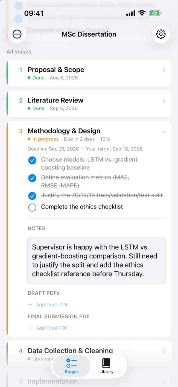 An expanded stage with tasks, deadline, personal target, notes and PDF slots