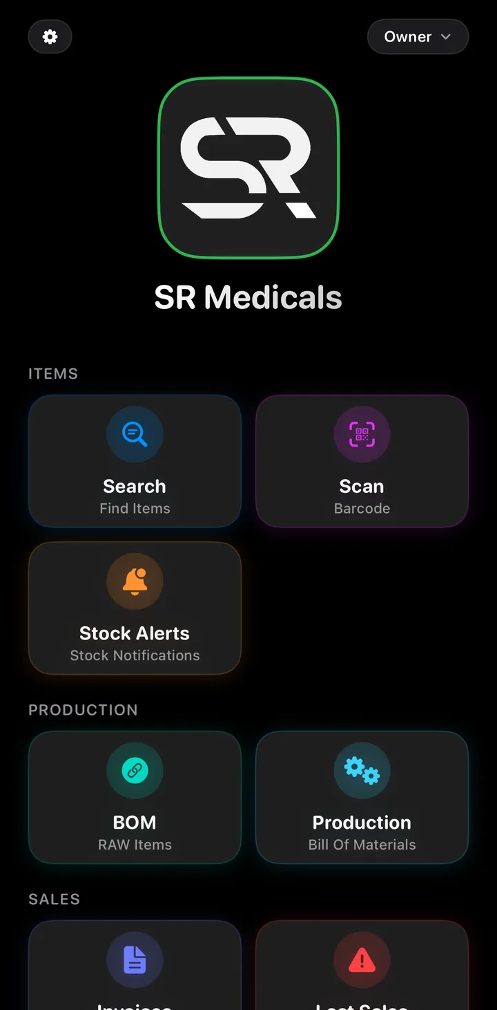 SR Medicals home screen: Items, Production and Sales tools for the owner
