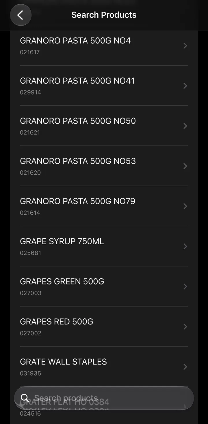 Product search listing items with their PLU codes